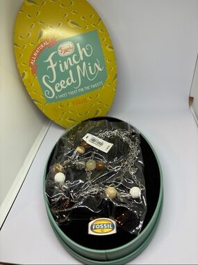 Fossil finch seed mix  Silver Chain Necklace with White and Brown Beads nwt